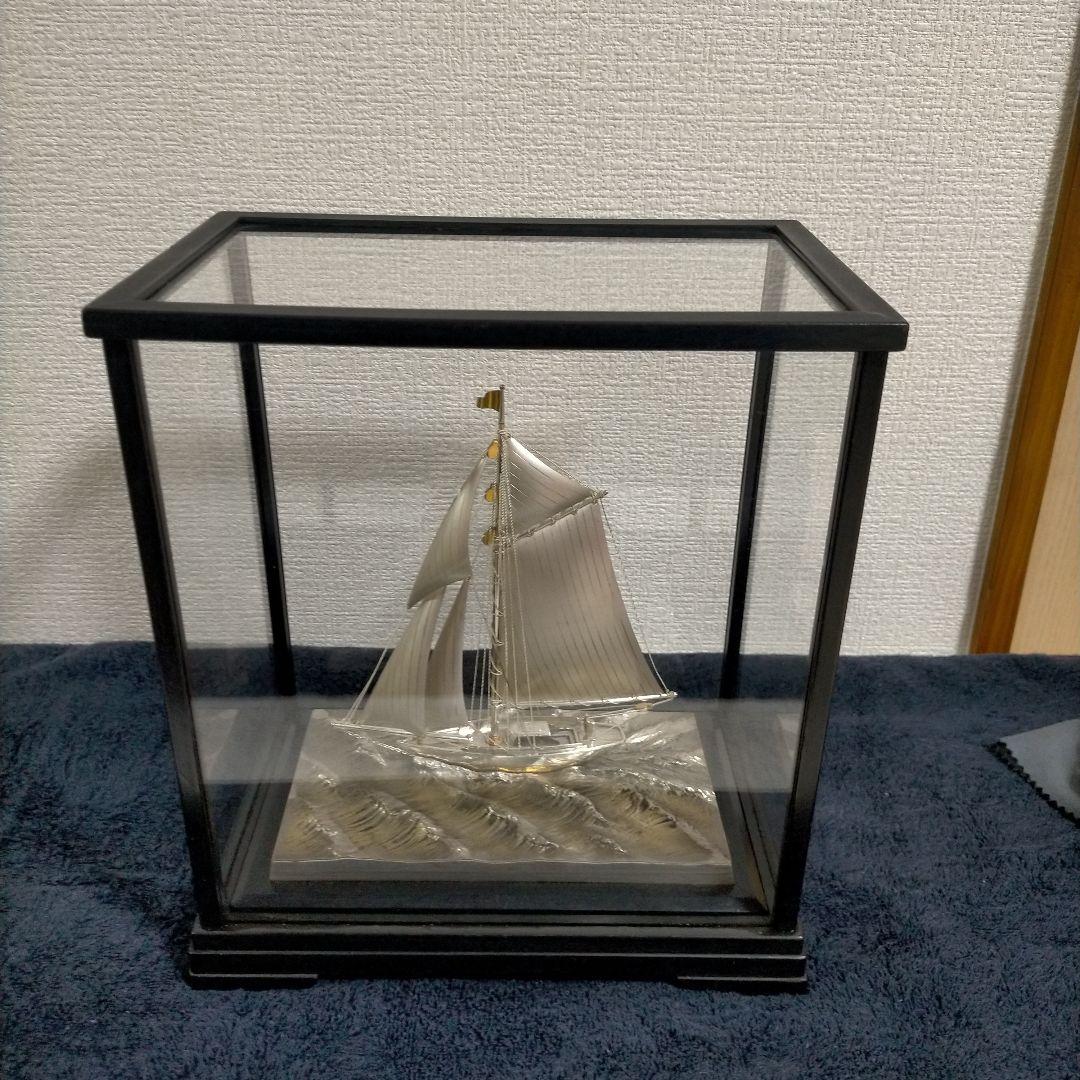 金属製 帆船模型 木製台座付き