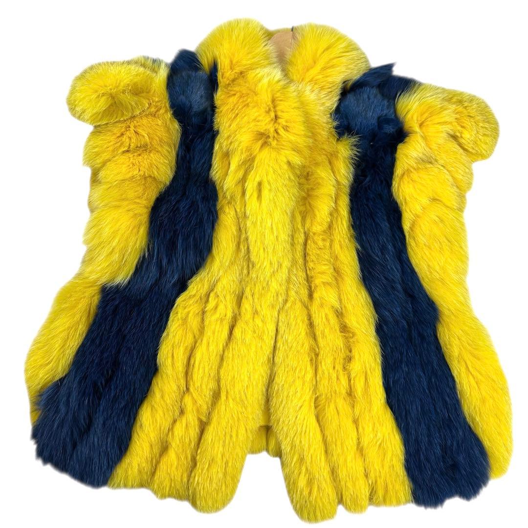 染め カラー フォックス ベスト フェイス付 本毛皮 バイカラー スカラップ