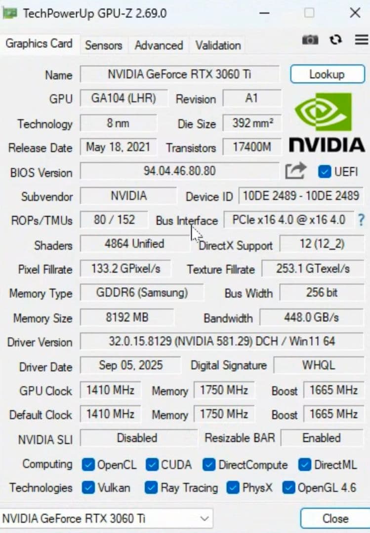 Palit RTX 3060 Ti Dual 8GB 3DMARK動作確認済み