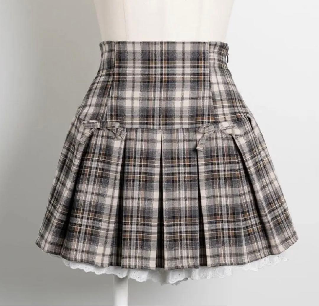 piumミニリボンコットンフリルプリーツスカート ベージュチェック