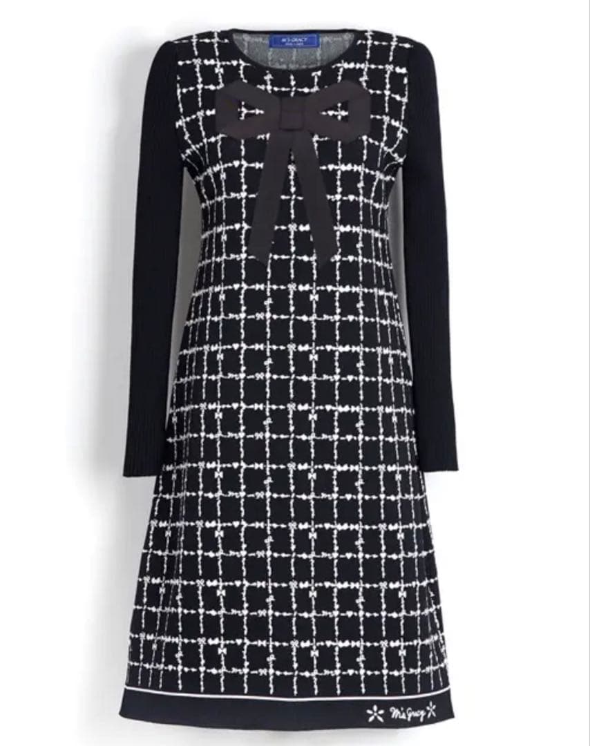 リボン付きチェック柄ニットワンピース 38