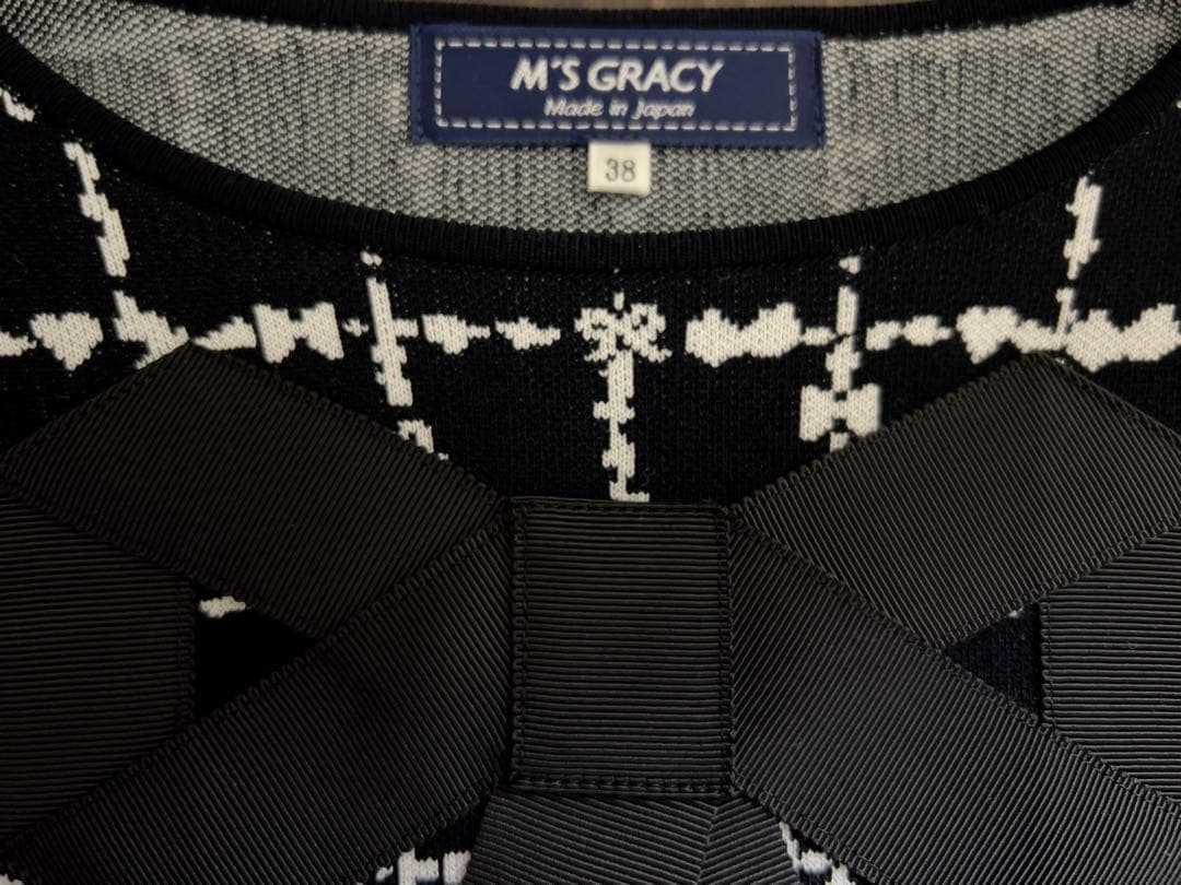 リボン付きチェック柄ニットワンピース 38