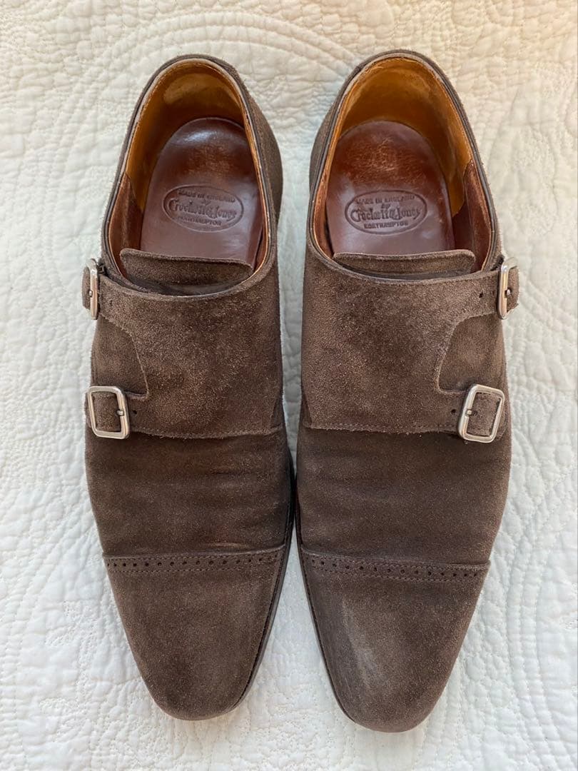 【クロケットジョーンズ】ダークブラウン スエード ダブルモンクストラップシューズ