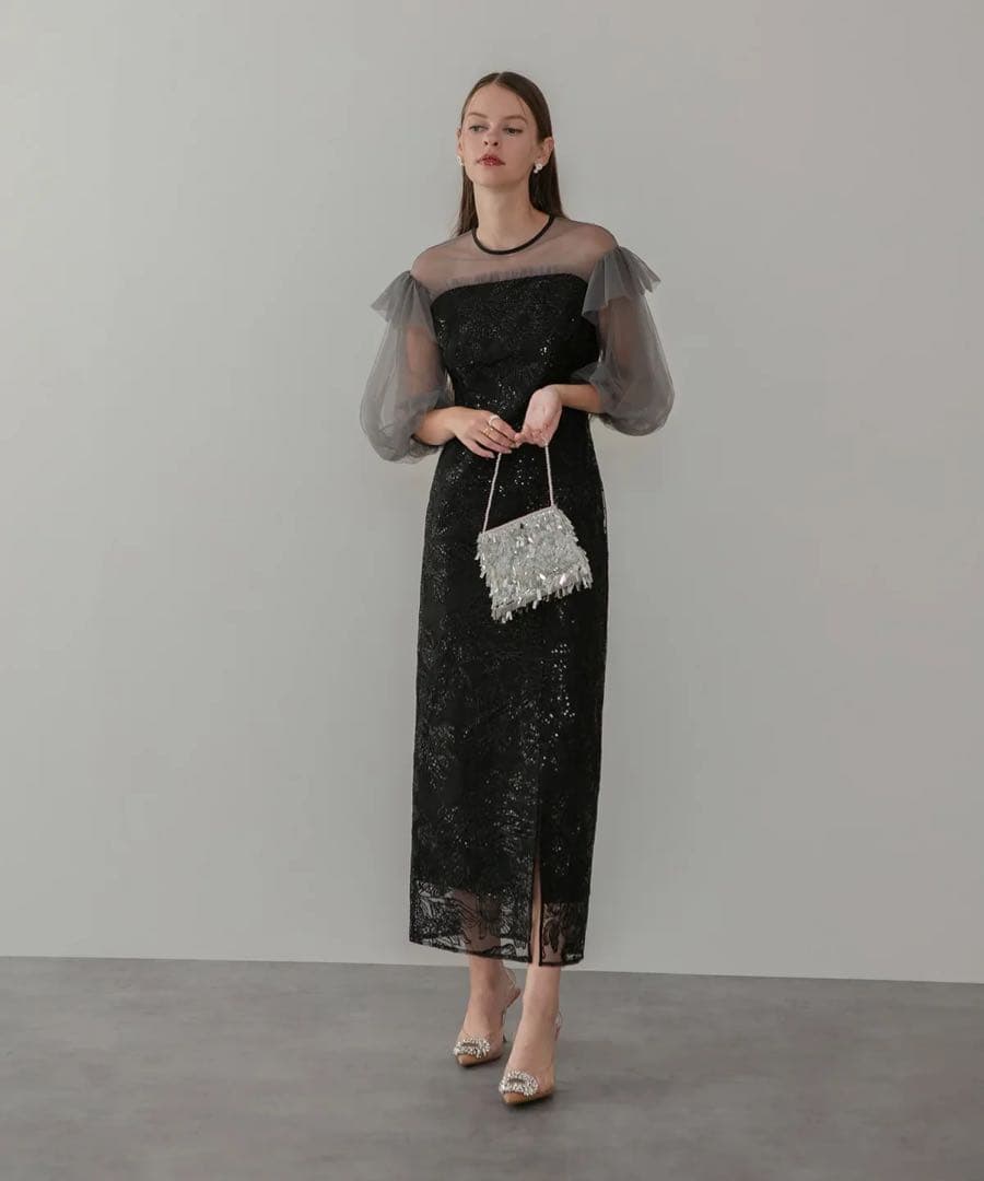 フラワースパンコールシアーフリルスリーブIラインワンピースドレス