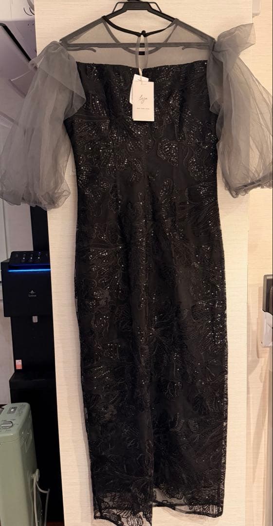 フラワースパンコールシアーフリルスリーブIラインワンピースドレス