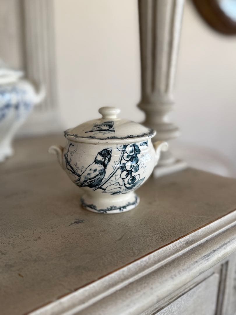 フランスアンティークデイネットおままごと陶器小鳥とベリー果実の絵柄スーピエール