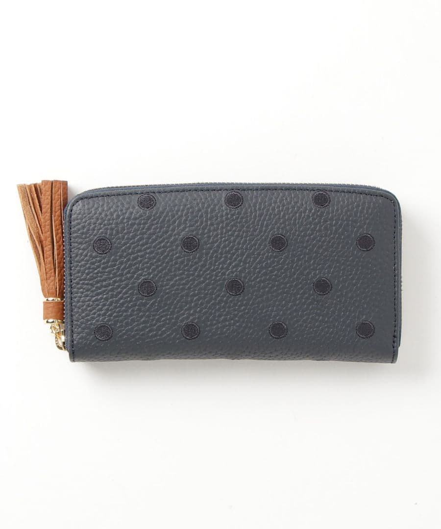 希少タグ付き　ペルケ/牛革ドット刺繍ラウンド長財布　ネイビーレザー型押し　最安値