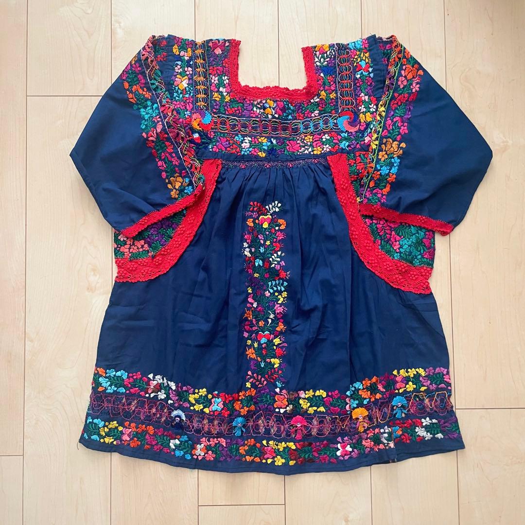 メキシコ刺繍　マリアさん　チュニック　ネイビー