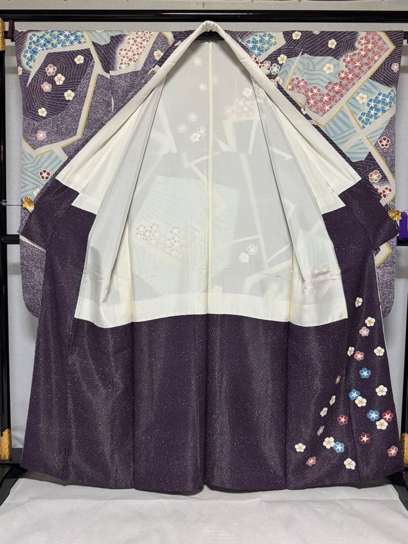 [作家物] 振袖　正絹　成人式　結婚式　紫　水色　たたき　高身長　縮緬　卒業式