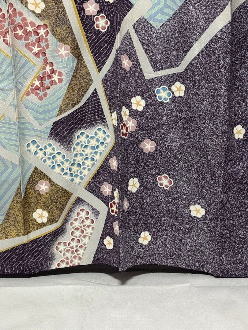 [作家物] 振袖　正絹　成人式　結婚式　紫　水色　たたき　高身長　縮緬　卒業式