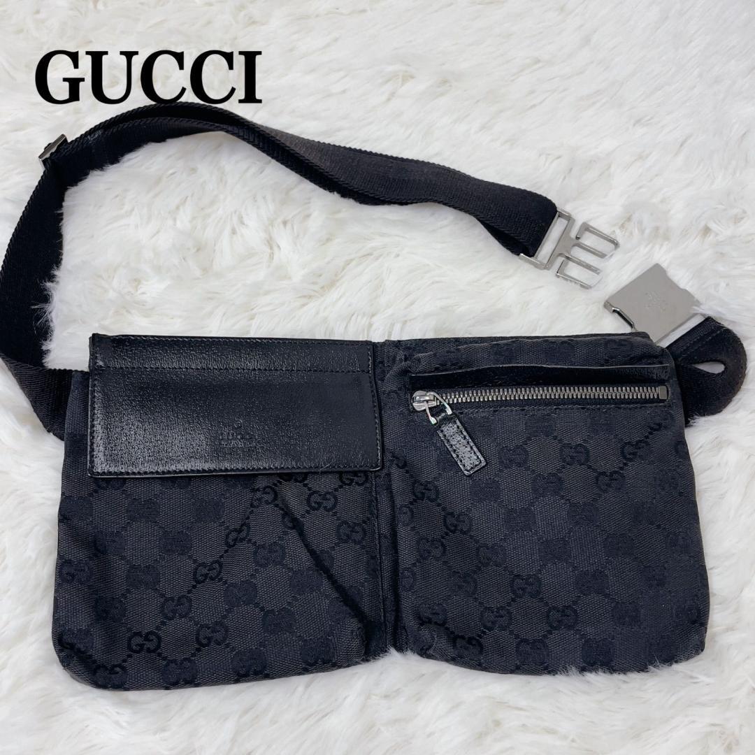 グッチ ボデイバッグ レザー ブラック GGキャンバス ウエストポーチ フラッペ