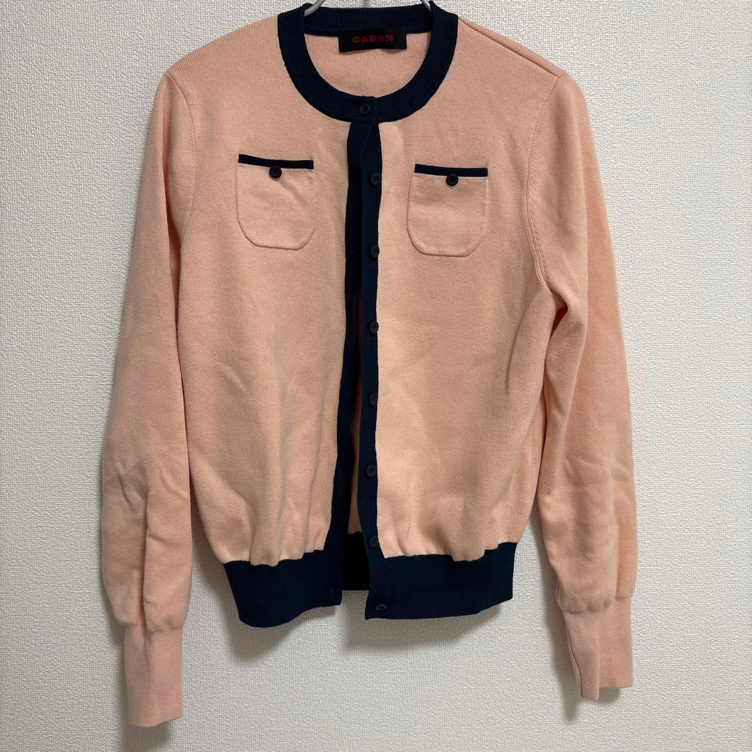 ゆ CABaN コットンカシミヤバイカラークルーネックカーディガン ピンク