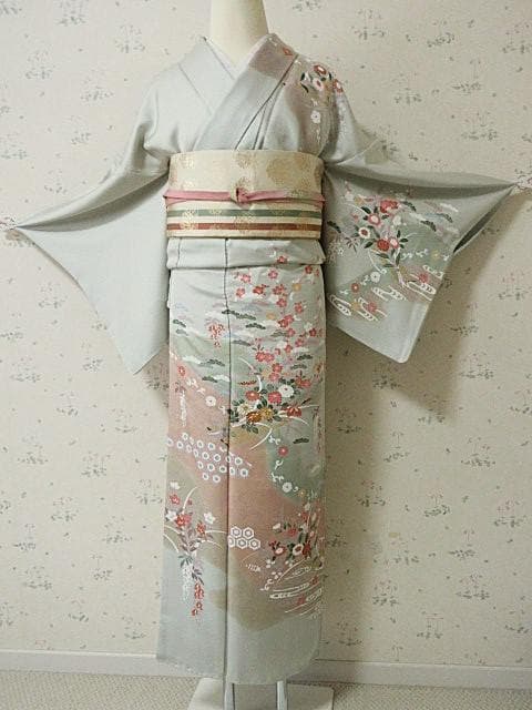 訪問着：美品-藤・桔梗・桜と菊・梅・淡いミントグリーン：袷正絹：N89