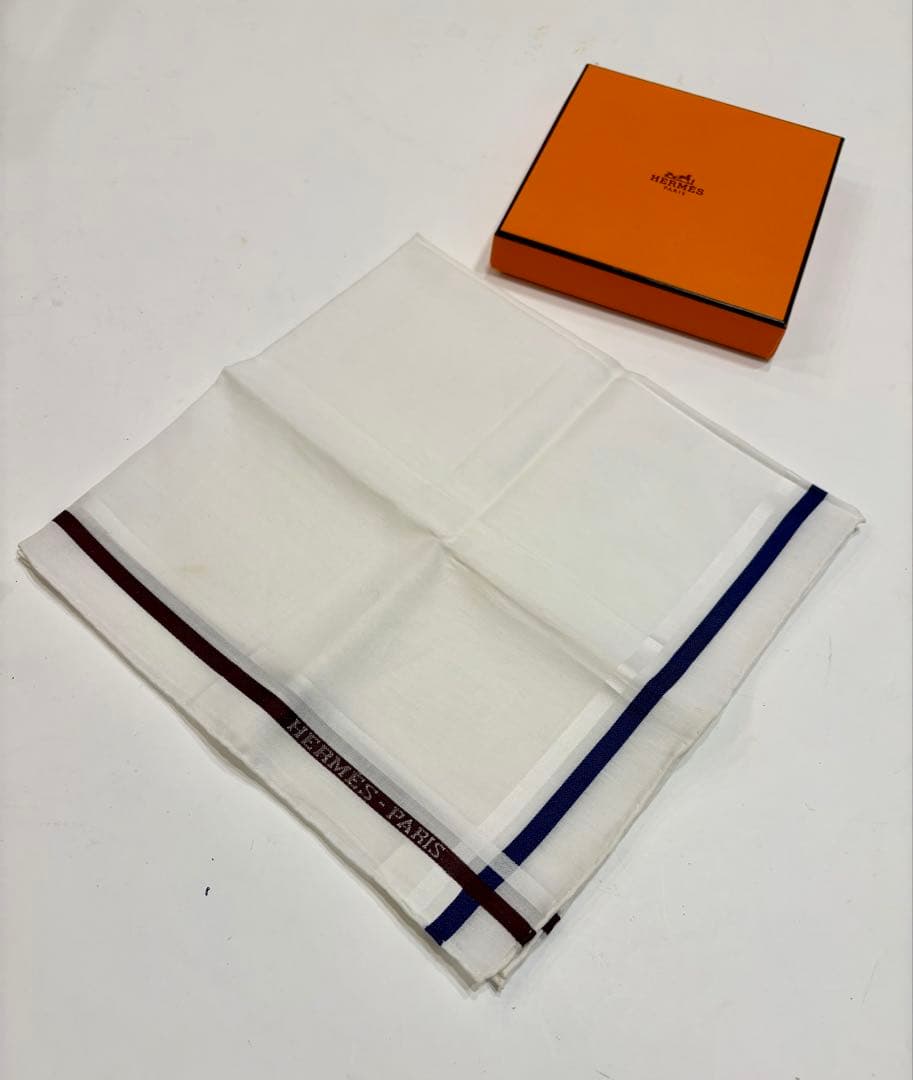新品未使用☆エルメス　ハンカチ　ロゴ　ボーダー　スカーフ　コットンスカーフ美品