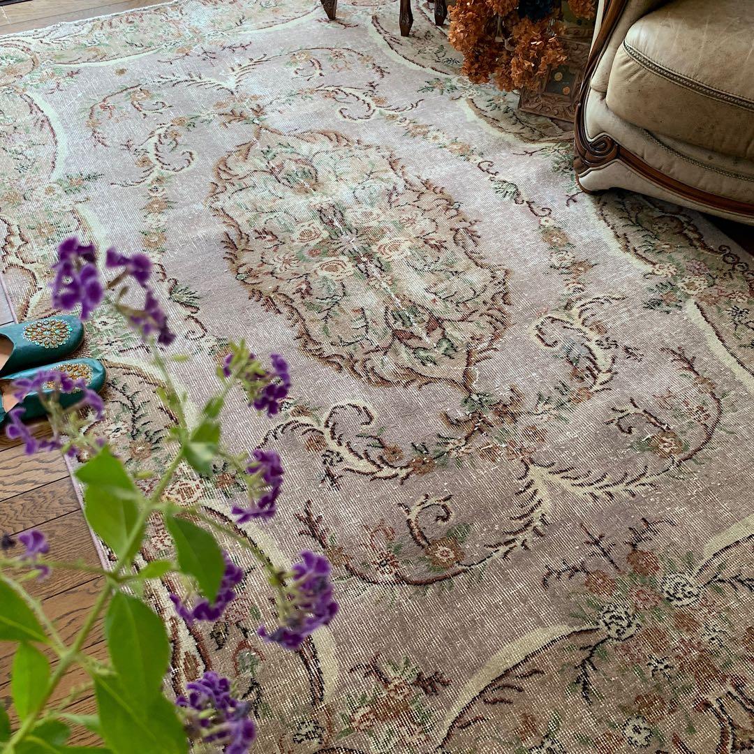 超大判　薔薇　モーヴグレー　241×144 シャビー　トルコ　ヴィンテージラグ