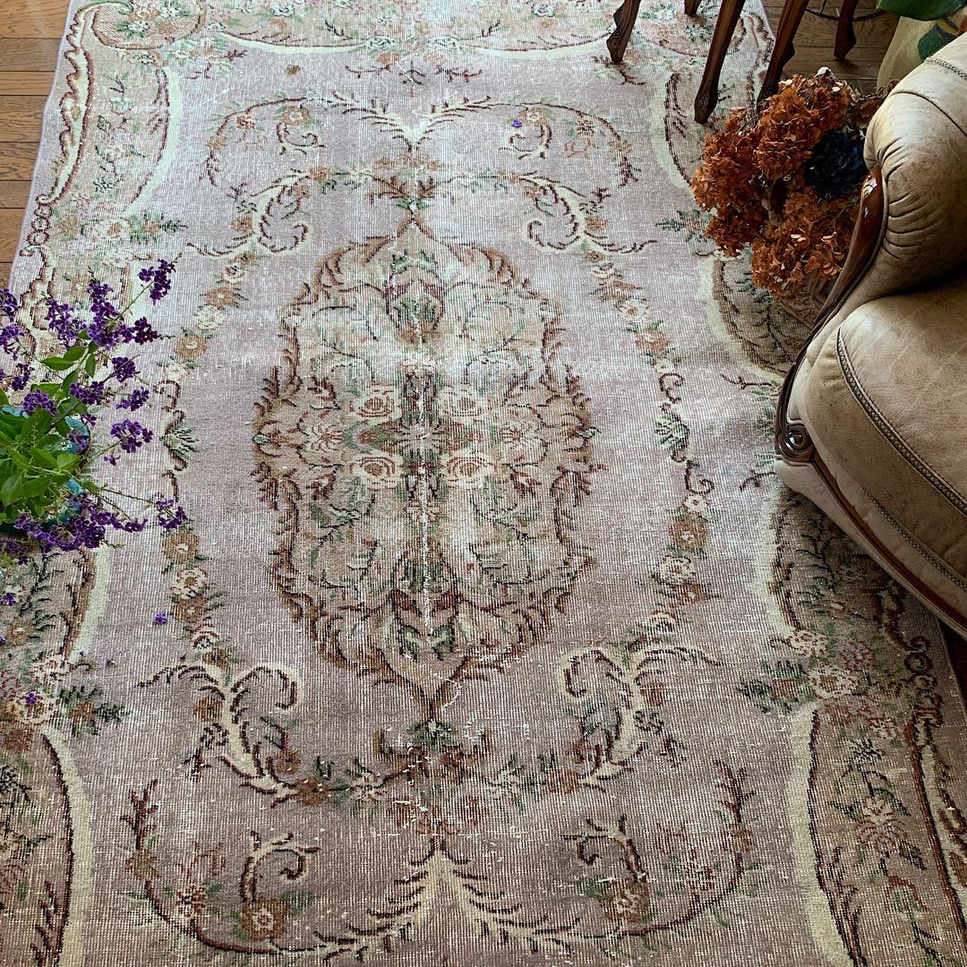 超大判　薔薇　モーヴグレー　241×144 シャビー　トルコ　ヴィンテージラグ