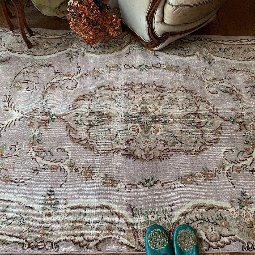 超大判　薔薇　モーヴグレー　241×144 シャビー　トルコ　ヴィンテージラグ