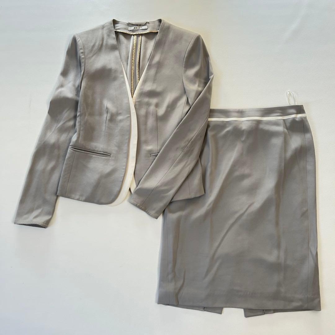 ベイジ セットアップノーカラー スーツ CINDY シンディ ライトグレー