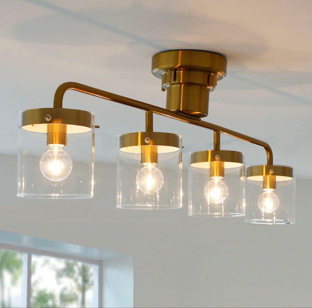 シーリングライト4灯　ガラス　照明　アンティーク　ゴールド　真鍮メッキ