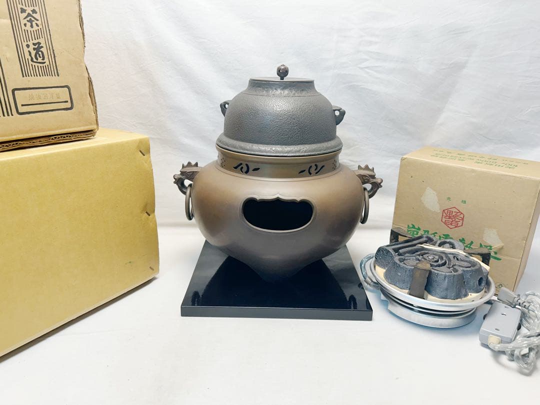 美品 茶道具 唐銅鬼面風炉 真形釜添 野々田製電熱器 敷板3点セット 紙箱