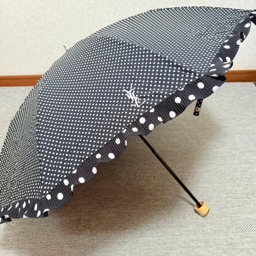 イヴ・サンローラン　ドットフリル晴雨兼用折りたたみ傘　ブラック
