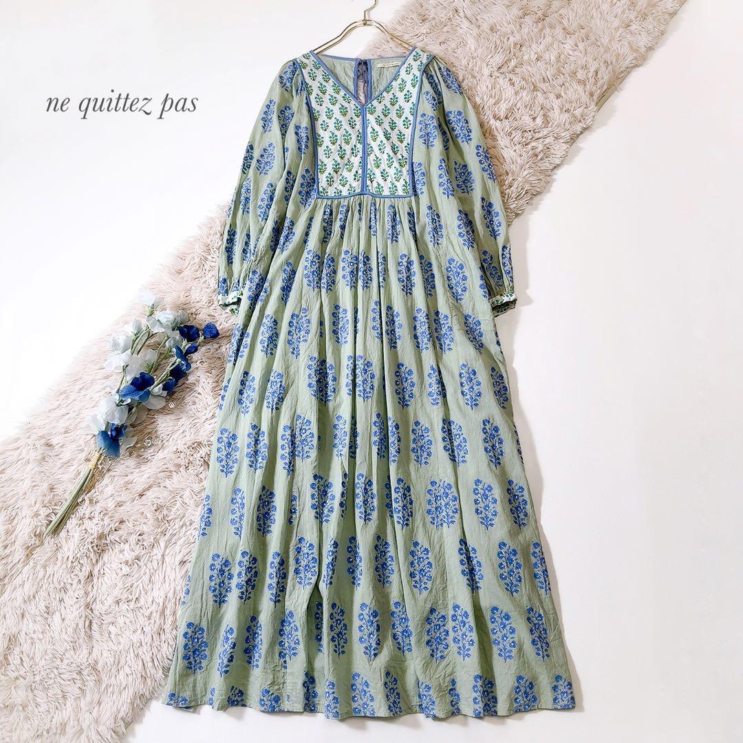 極美品ꕥヌキテパ 完売色 コットンボイルエスニックプリントギャザードレス M