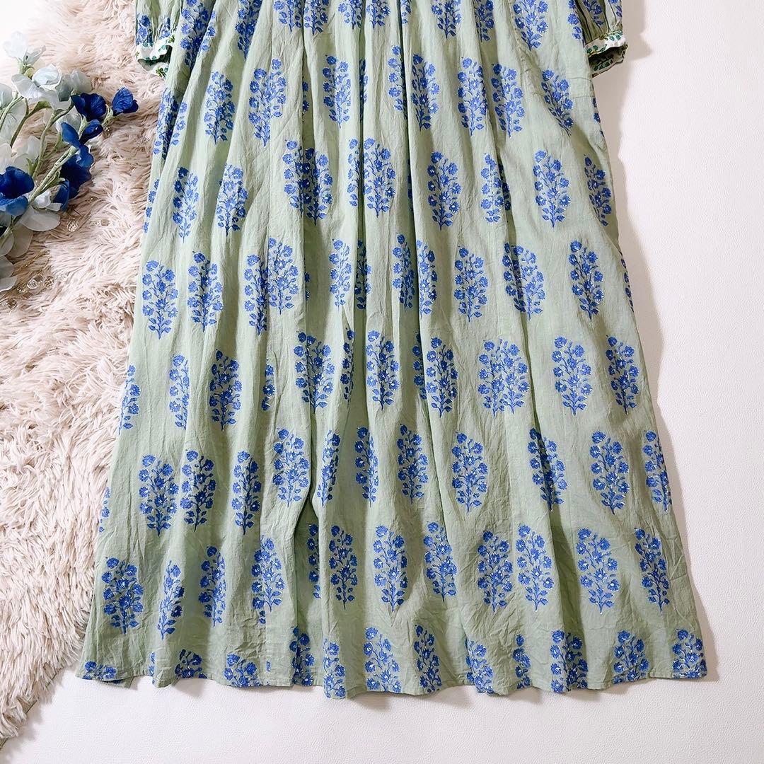 極美品ꕥヌキテパ 完売色 コットンボイルエスニックプリントギャザードレス M