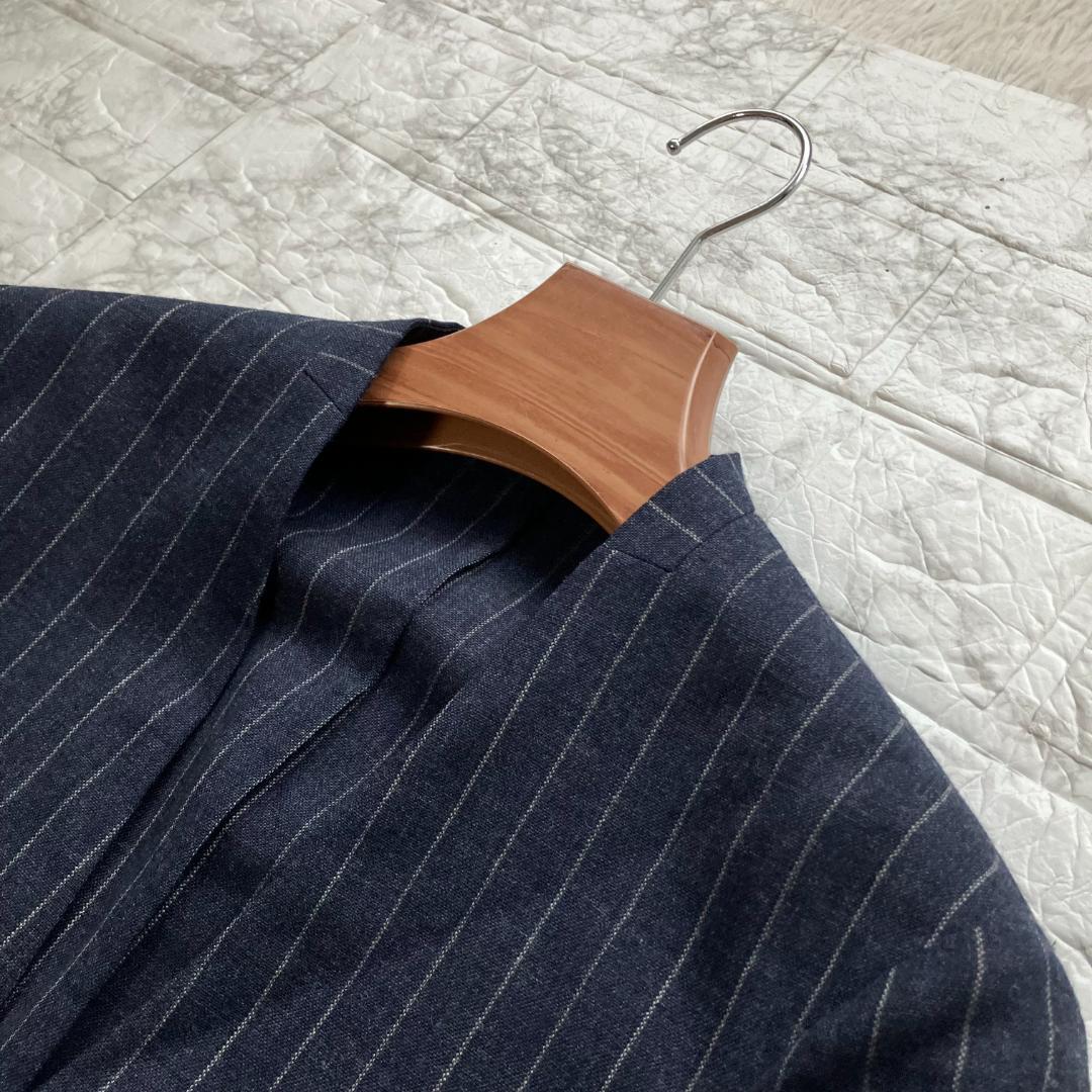 極美品◎ピルグリム フォックスエアー ノーカラージャケット ストライプ 紺