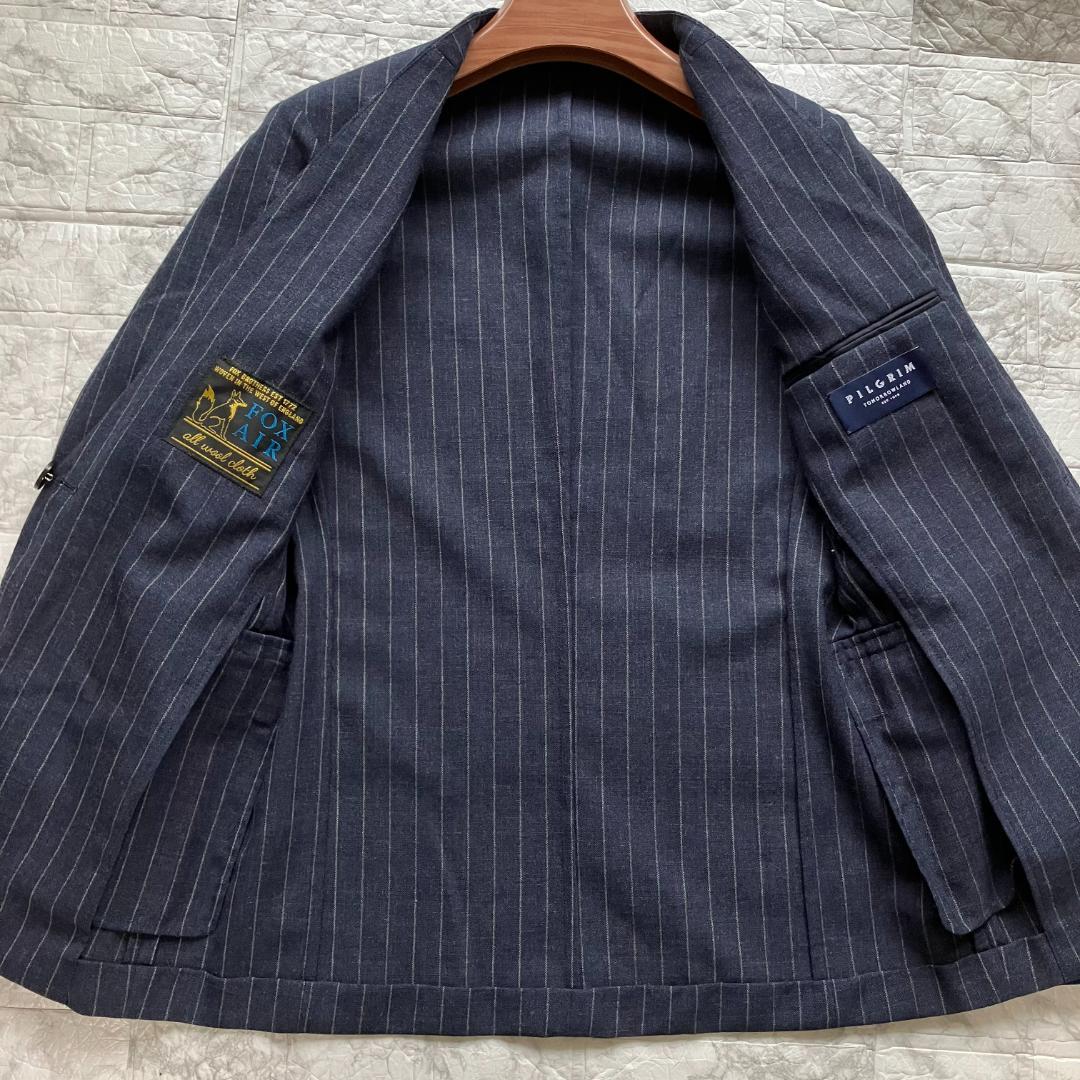 極美品◎ピルグリム フォックスエアー ノーカラージャケット ストライプ 紺