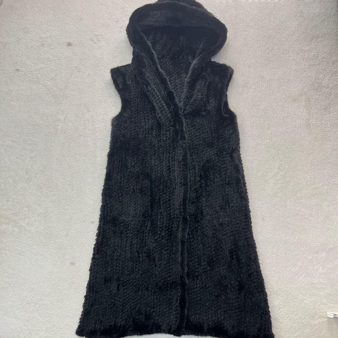 毛皮 リアルファー ブラック フード付 ジレ ベスト ロングコート Lサイズ