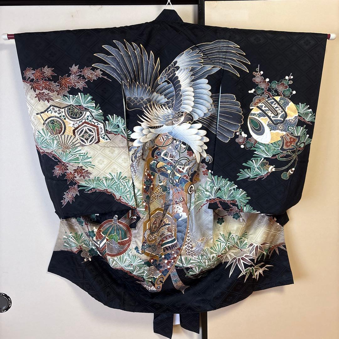 【美品】お宮参り　男児着物長襦袢セット　鷹柄