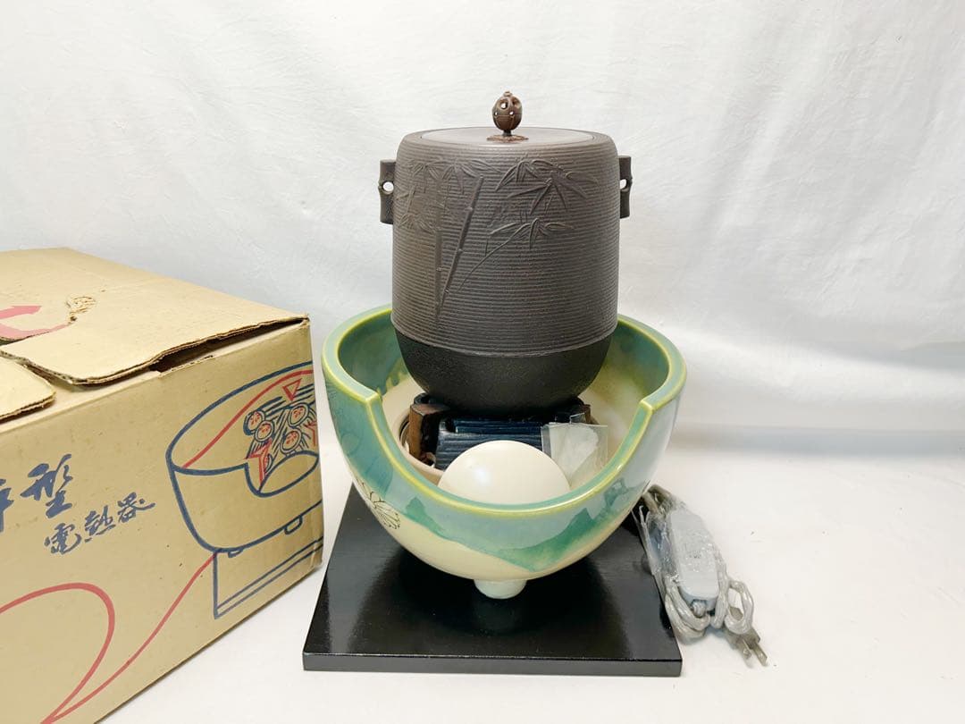 美品 茶道具 野々田織部(紅鉢型)風炉型電熱器 竹紋 筒釜2点セット元箱
