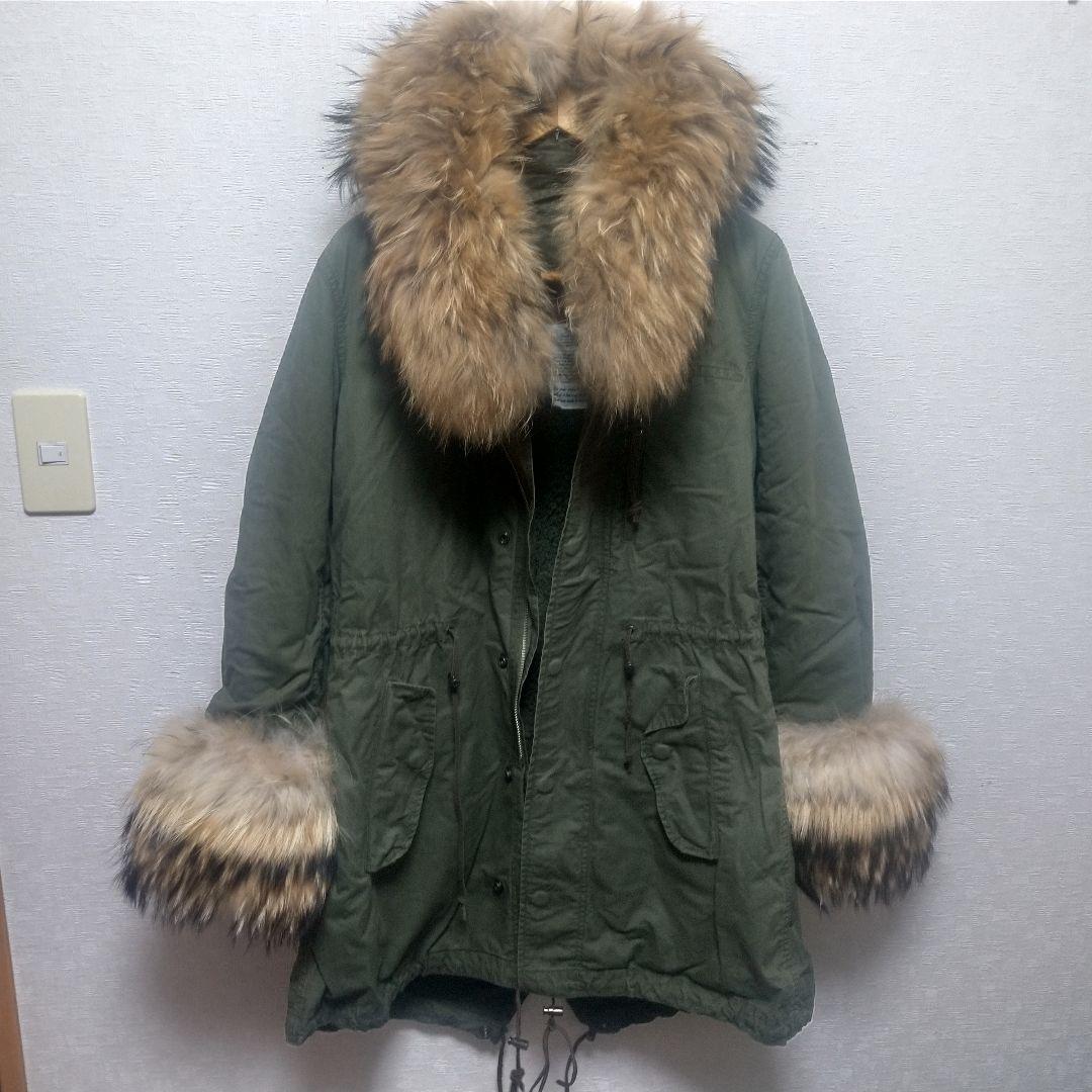 pangji リアルファー フード付きモッズコート オリーブグリーン