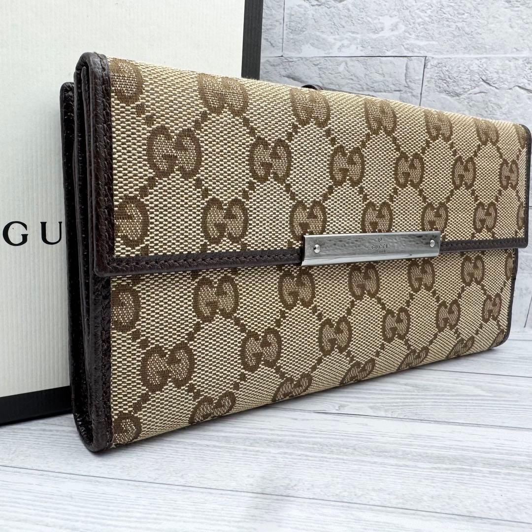 【極美品】グッチ 長財布 GGキャンバス ロゴプレート 折り財布　ダークブラウン