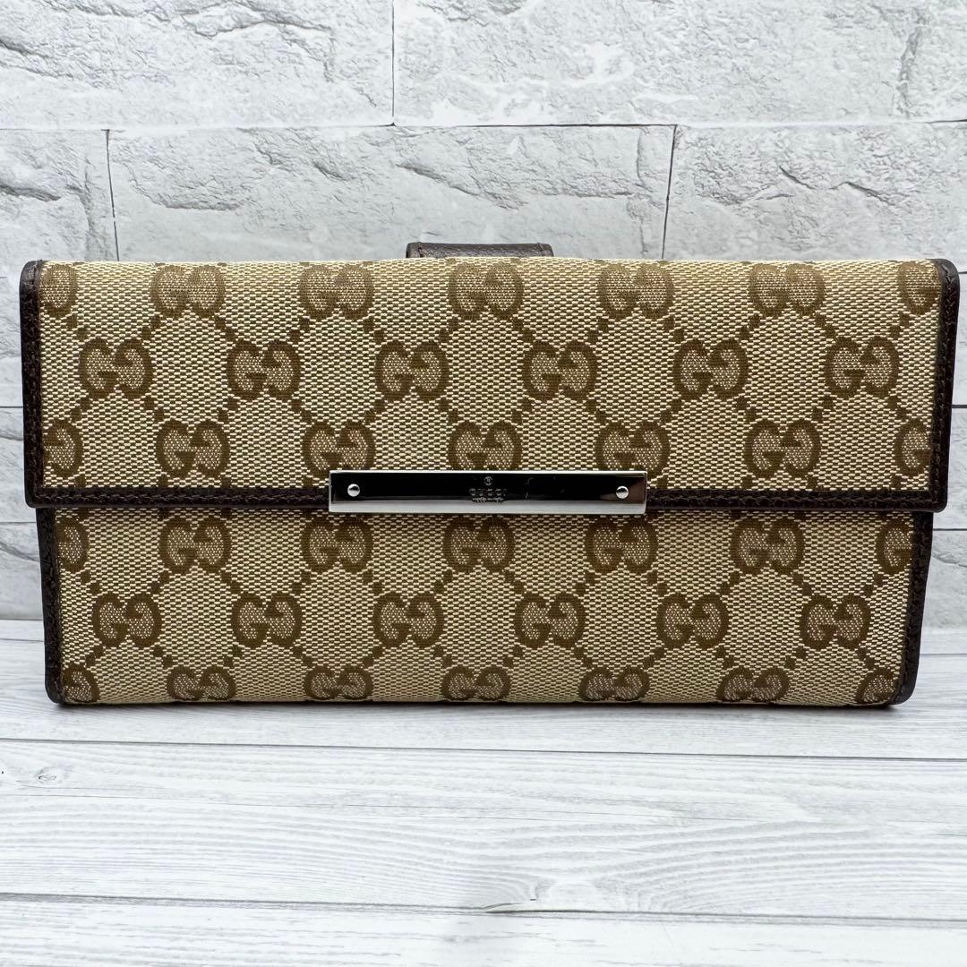 【極美品】グッチ 長財布 GGキャンバス ロゴプレート 折り財布　ダークブラウン