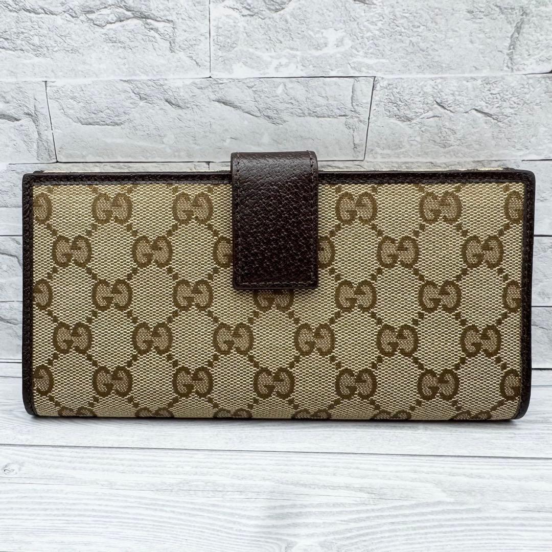 【極美品】グッチ 長財布 GGキャンバス ロゴプレート 折り財布　ダークブラウン