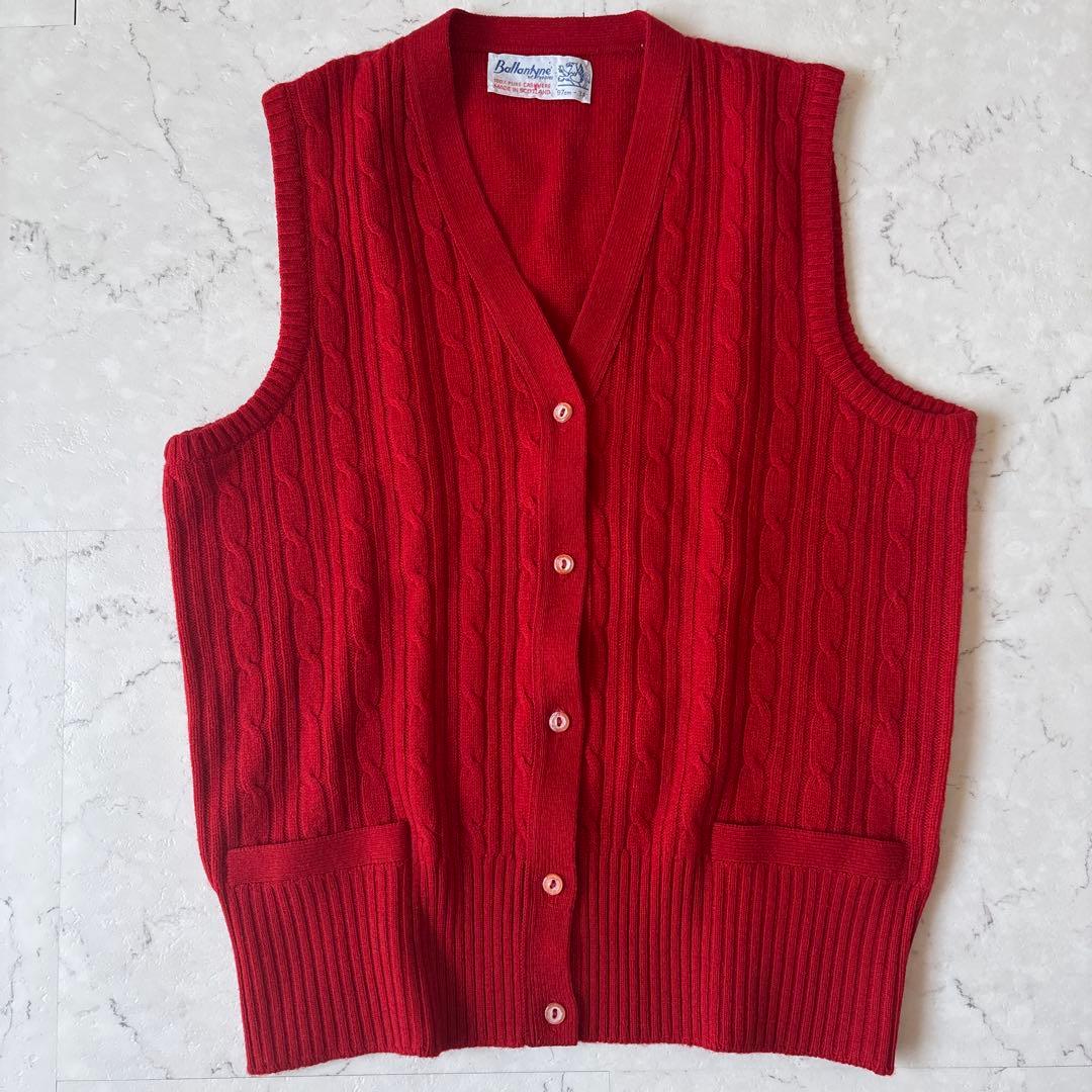 美品 バランタイン スコットランド製カシミヤ100% ケーブル ニットベスト 赤