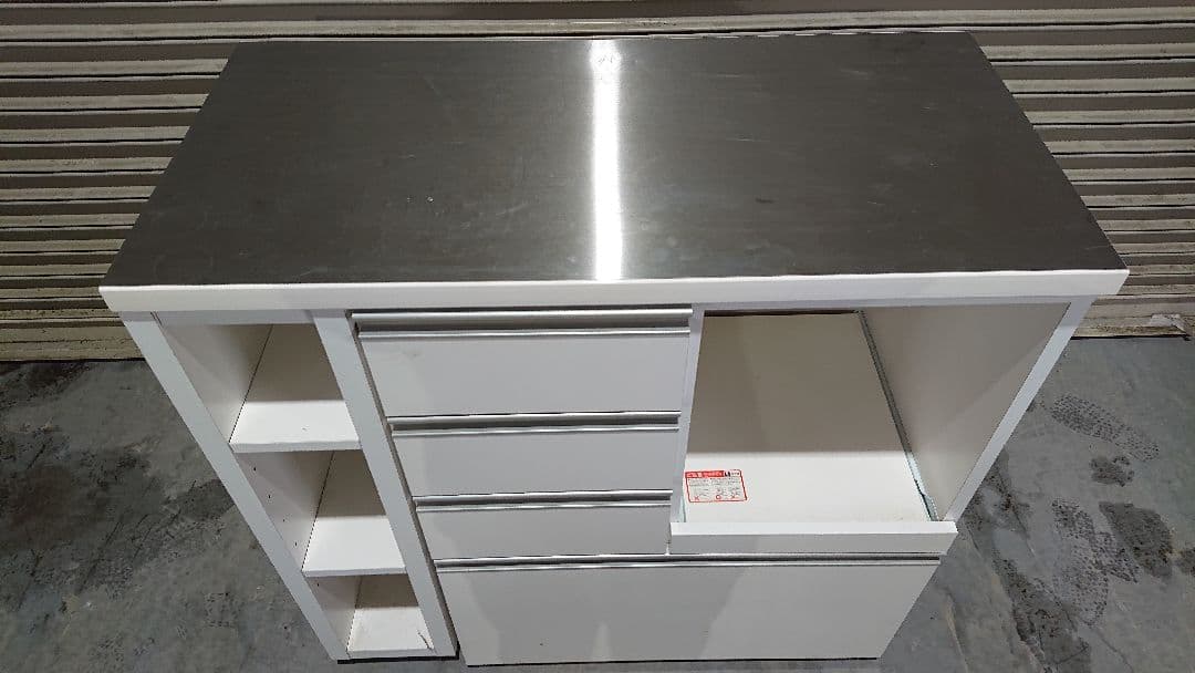 家具の大丸 キッチン収納 スライド伸長式カウンター ホワイト ステンレス天板