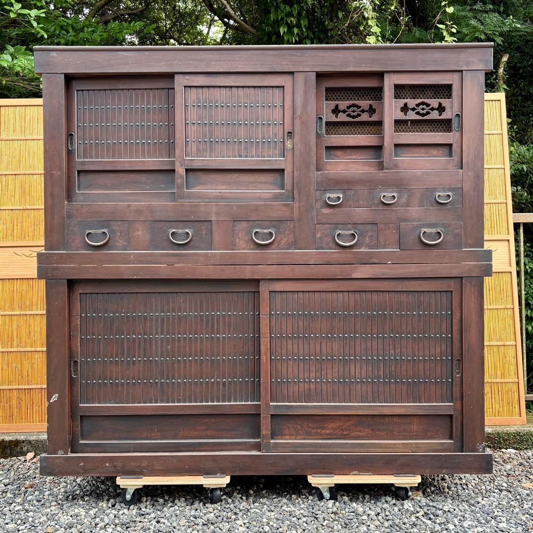 送料無料 明治時代 近江水屋箪笥 一間膳棚 近江箪笥 二段重ね 時代家具 和家具