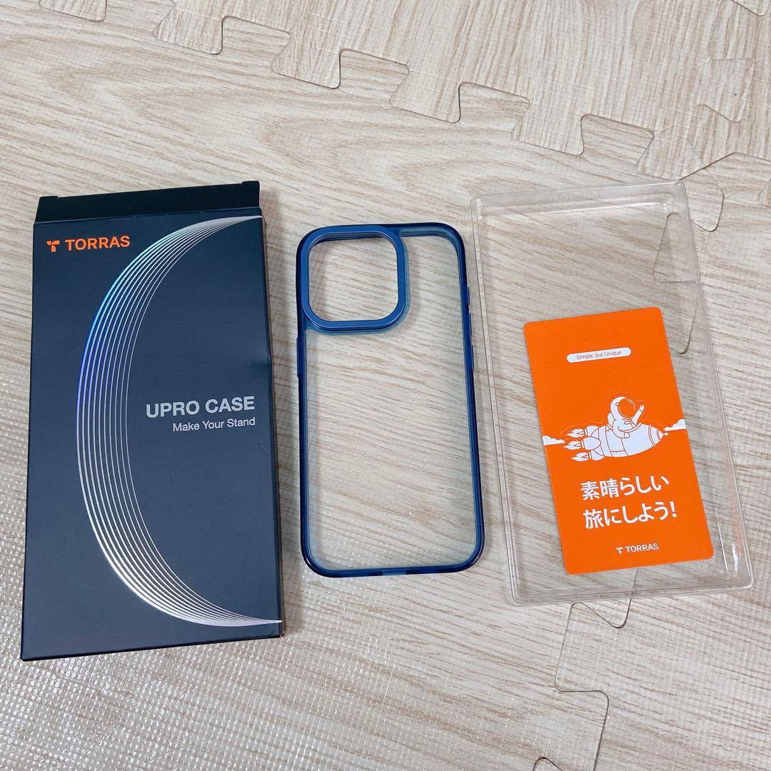TORRAS iPhone15 Pro ケース 強化 ガラス スタンド ブルー