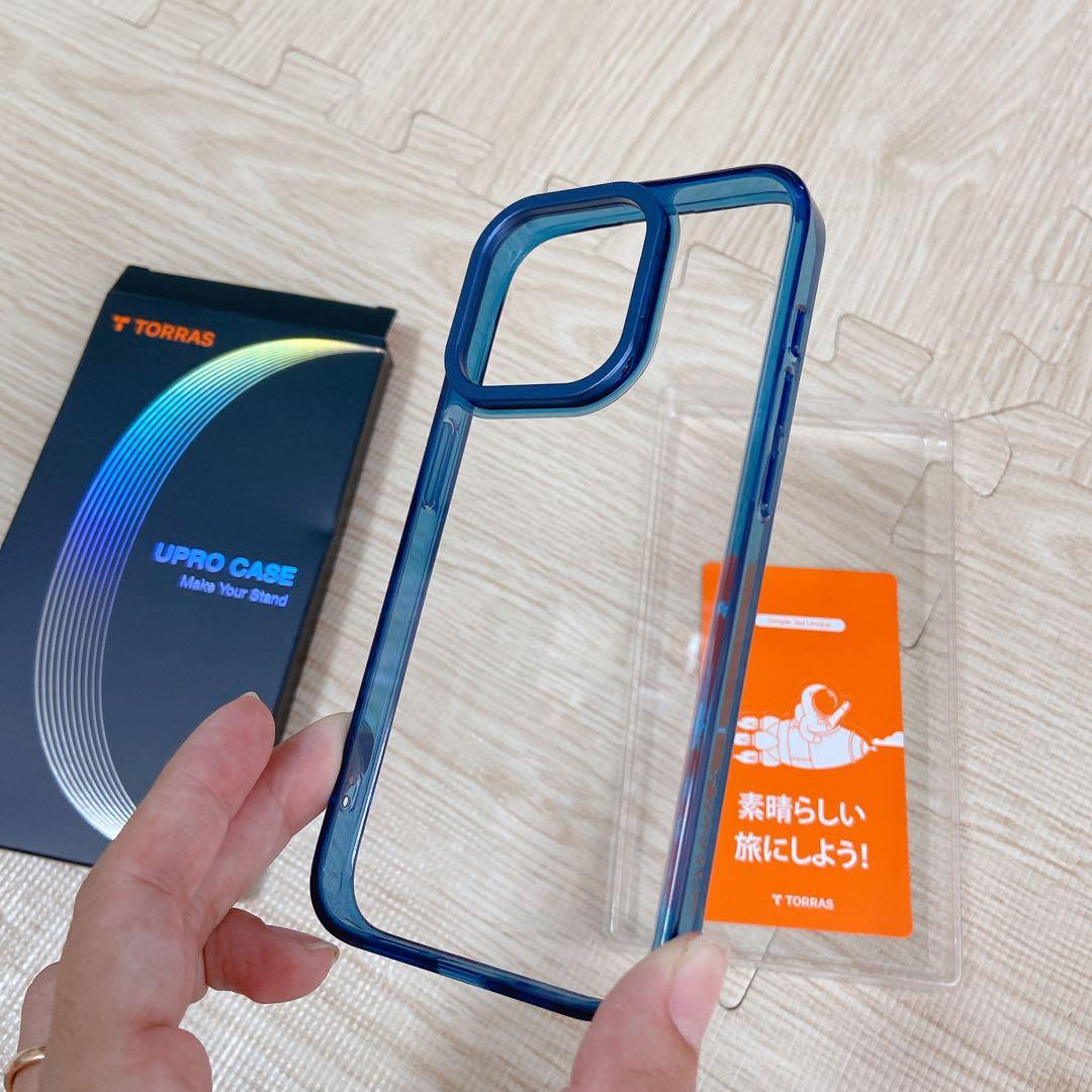 TORRAS iPhone15 Pro ケース 強化 ガラス スタンド ブルー