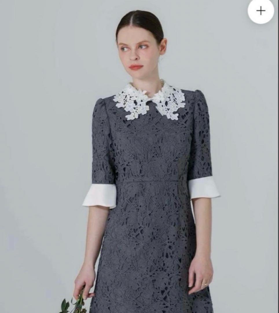 LEJA 花柄レースカラースパンコールAラインフレアドレス　ブルー　S