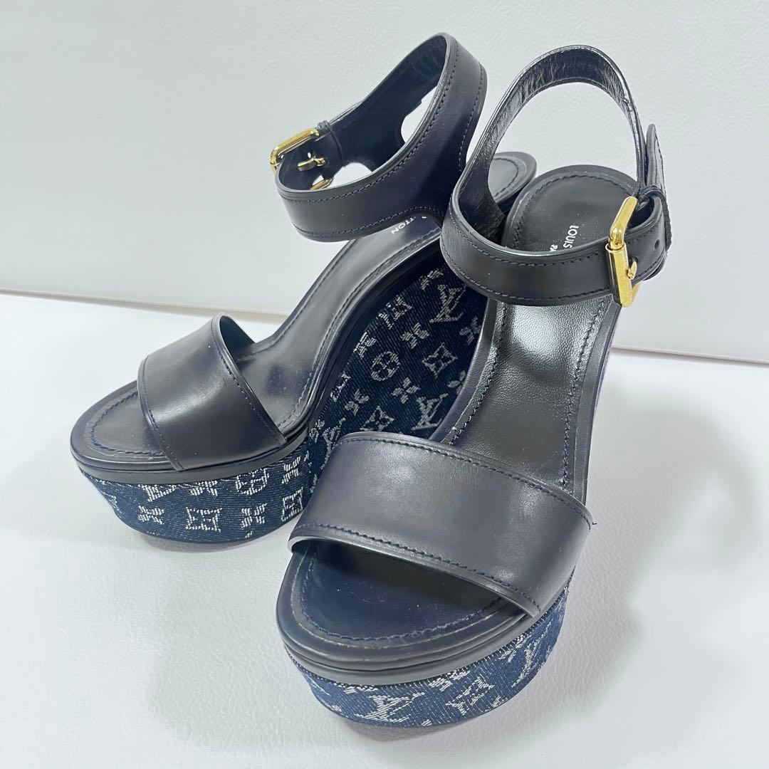 美品 ルイヴィトン　サンダル　ウエッジソール　モノグラム　デニム　ネイビー