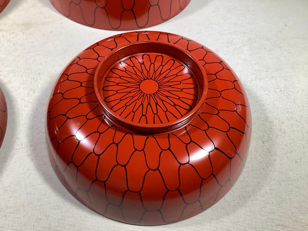 漆専堂　朱塗　黒網目　四つ椀　茶道具　茶会席