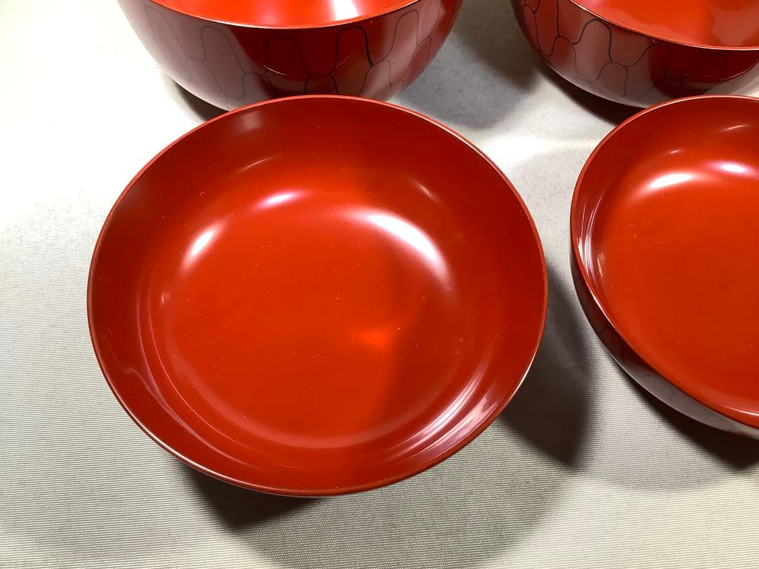 漆専堂　朱塗　黒網目　四つ椀　茶道具　茶会席