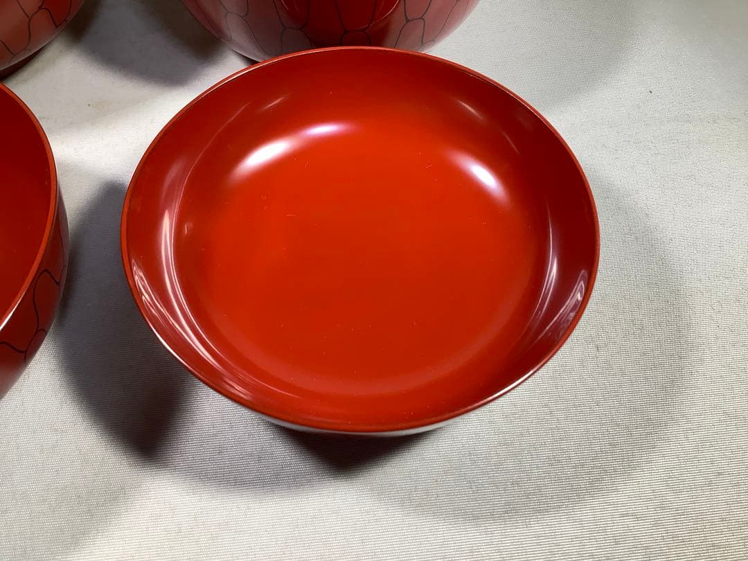 漆専堂　朱塗　黒網目　四つ椀　茶道具　茶会席