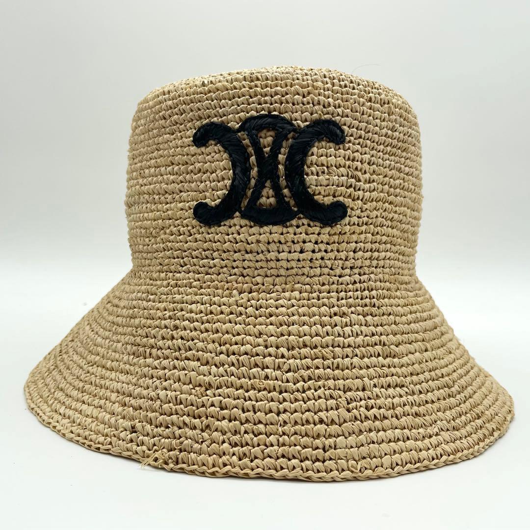極美品★セリーヌ　ラフィア　バケットハット　帽子　トリオンフ　レディース　S