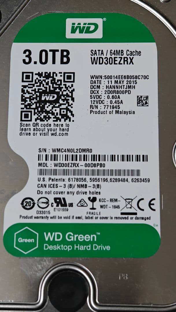 ★中古品★WD Green 3TB WD30EZRX 健康状態：注意