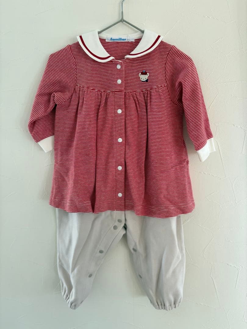 ファミリア 赤と白のストライプ カバーオール 70