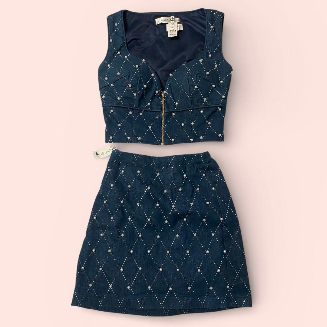 【JEWELS】キャバドレスS セットアップ ビジュー ネイビー ミニドレス